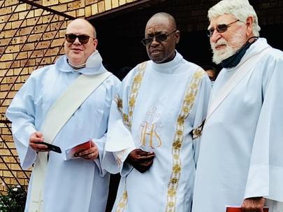 Rev. Deacon Timothy Molea, centre, with Deacons Callum Scott, left, and Tony Tweehuijsen, now retired, on Deacon Timothy's ordination day, 16th December 2021.